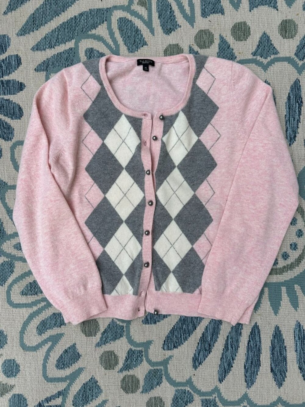 Talbots - Argyle Cardigan - Pink/Grey/Ivory - round buttons - size XL